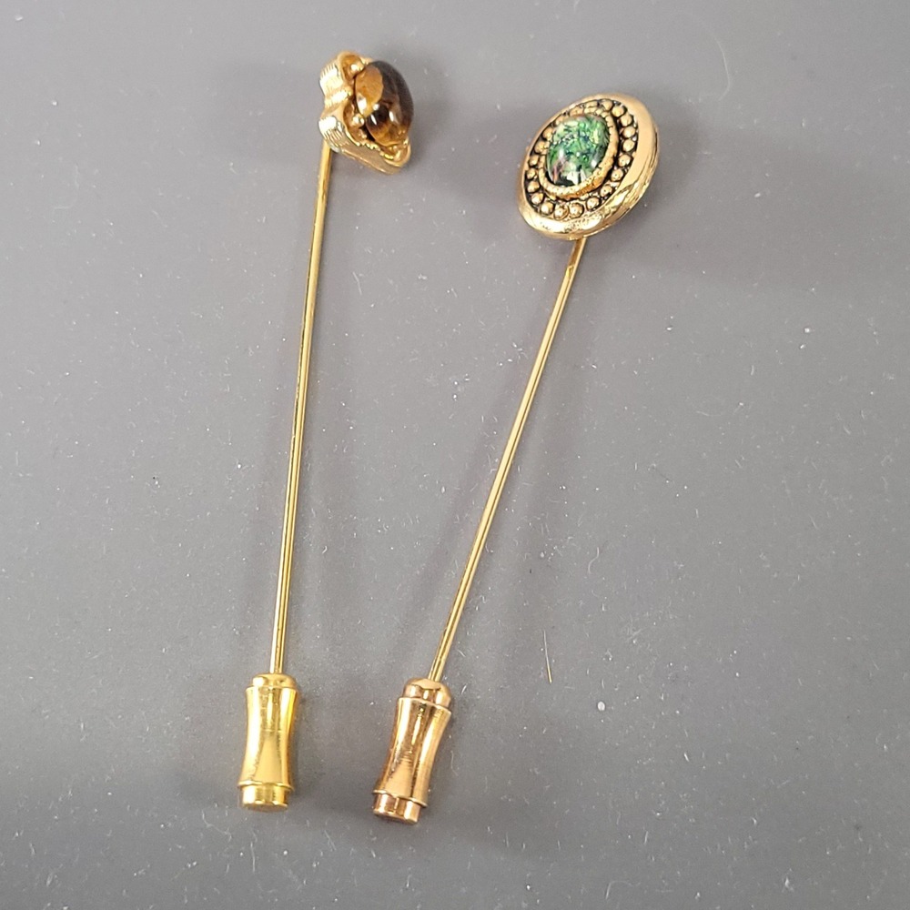 Vintage‎ Gold Tone Stick Pin Lot 2 Tigers Eye Faux Opal Cabochon Lapel Hat Pins